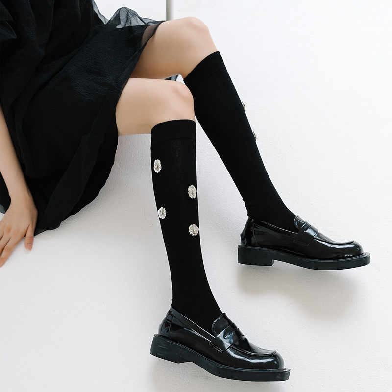 花朵饰品女士中筒潮袜蝴蝶结黑色长筒袜春秋款小腿袜白色及膝袜,淘宝优惠券,粉丝福利购,淘宝优惠卷