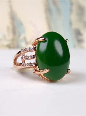 菠菜绿925银可调节鸡血玉戒指