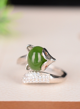 碧玉925银可调节手饰品活口戒指