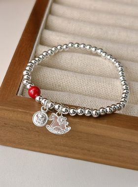 新年开运福气元宝小马本命年银珠手串朱砂喜庆红色纯银手链弹力绳