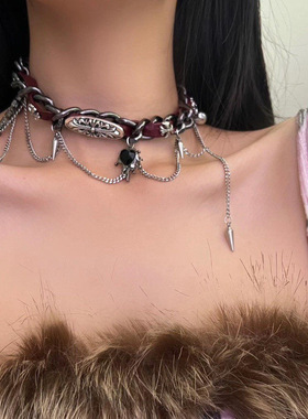 chocker缠绕铆钉金属皮革项圈克罗朋克爱心少女y2k亚文化小众项链