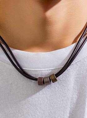 欧美简约皮革打结圆环项链男嘻哈小众高级感串珠锁骨链跨境配饰男