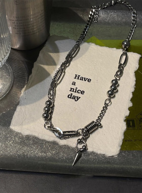 潮酷钛钢钢珠铆钉拼接项链男小众设计嘻哈冷淡风锁骨链毛衣链配饰