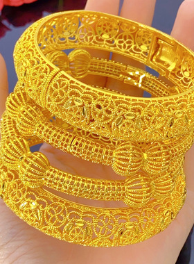 越南沙金古法镂空结婚庆手镯迪拜中东24k镀金卡扣手环跨境首饰品