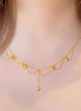 新款越南沙金双层爱心项链女小众轻奢感流苏套链子气质百搭首饰品
