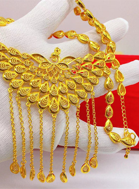 越南沙金女款3D立体孔雀开屏项链吊坠配套链雕花朵黄铜镀金首饰品