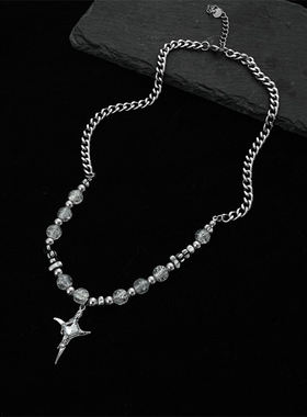 不规则冰裂珠十字架项链拼接钛钢不掉色男女小众设计感嘻哈锁骨链