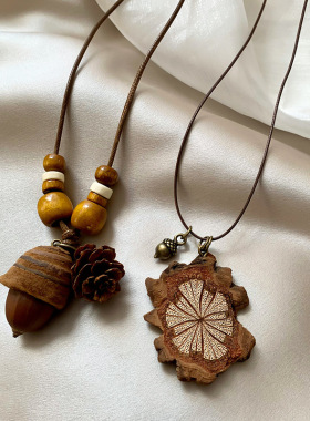 复古森系木质橡果吊坠项链女新中式禅意民族风小众设计感编织项饰
