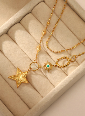 欧美时尚14K金双层五角星不锈钢项链女ins风小众设计感几何锁骨链
