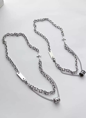 新款双层叠戴镶钻转运珠钛钢项链男嘻哈潮酷高级感锁骨链百搭配饰