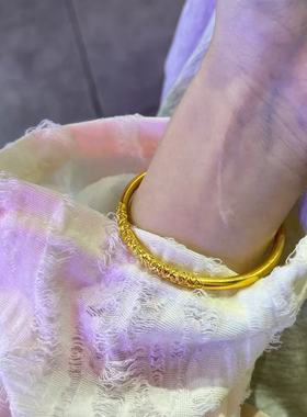 古法传承紫荆花卷草纹手镯女士越南沙金仿真实心素圈手镯周家同款