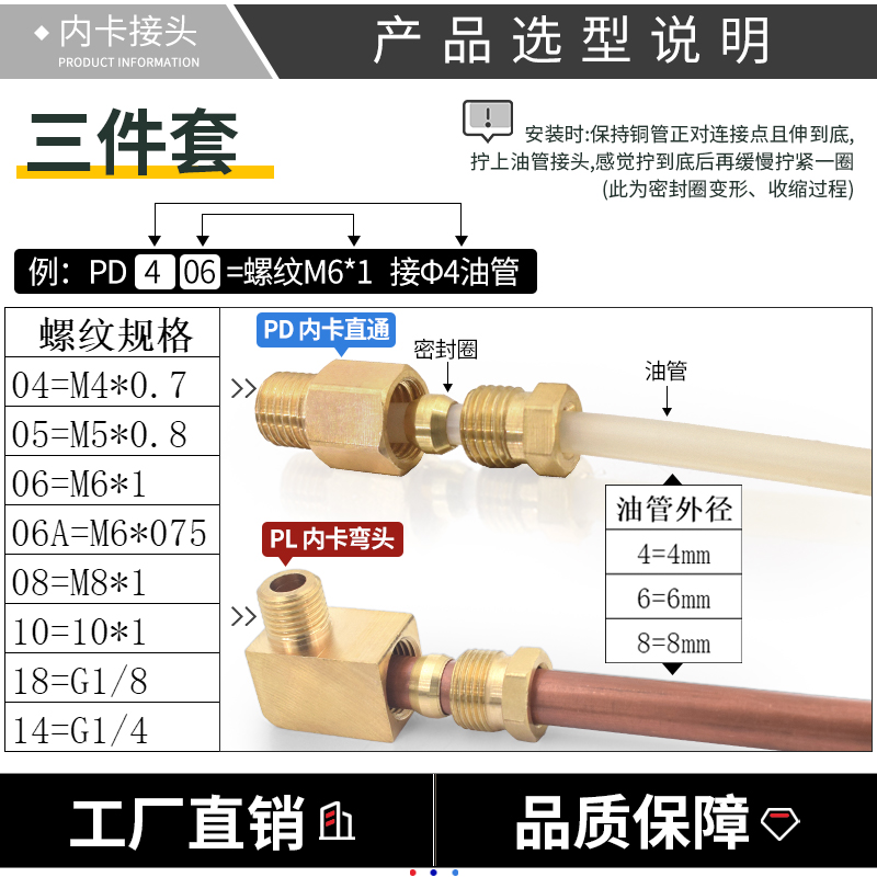 PD/PL润滑油路滑块油管铜接头内卡直接弯头m5/6/8卡4/6/8mm管接头 - 图0