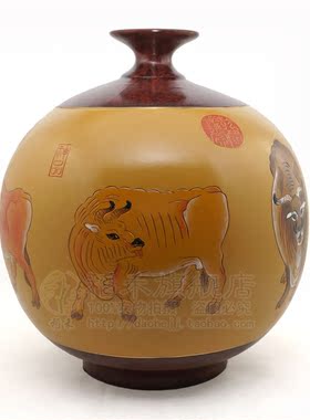 陶瓷彩绘工艺品瓶子五牛图