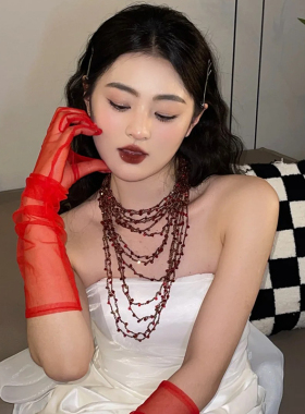 向南造型新娘项链耳环红色多层串珠锁骨链高级感婚礼服晨袍耳饰品