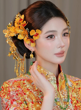 新娘头饰新中式金黄色头花结婚礼服旗袍晨跑秀禾龙凤褂汉服发饰品