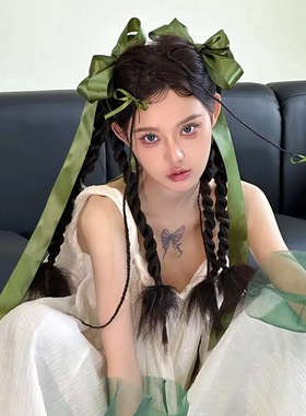 康康造型新娘头饰森系蝴蝶结发夹绿色长款晚礼服晨袍旅拍照发饰品