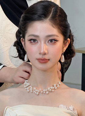 法式新娘项链耳环仿珍珠多层轻奢高级感结婚礼服婚纱晨袍旗袍饰品