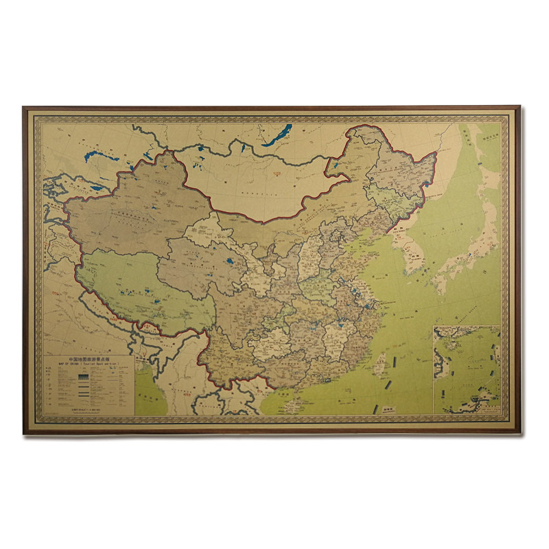 牛皮纸复古中国旅游地图景点旅行足迹打卡标注客厅办公室装饰画。_虎窝淘