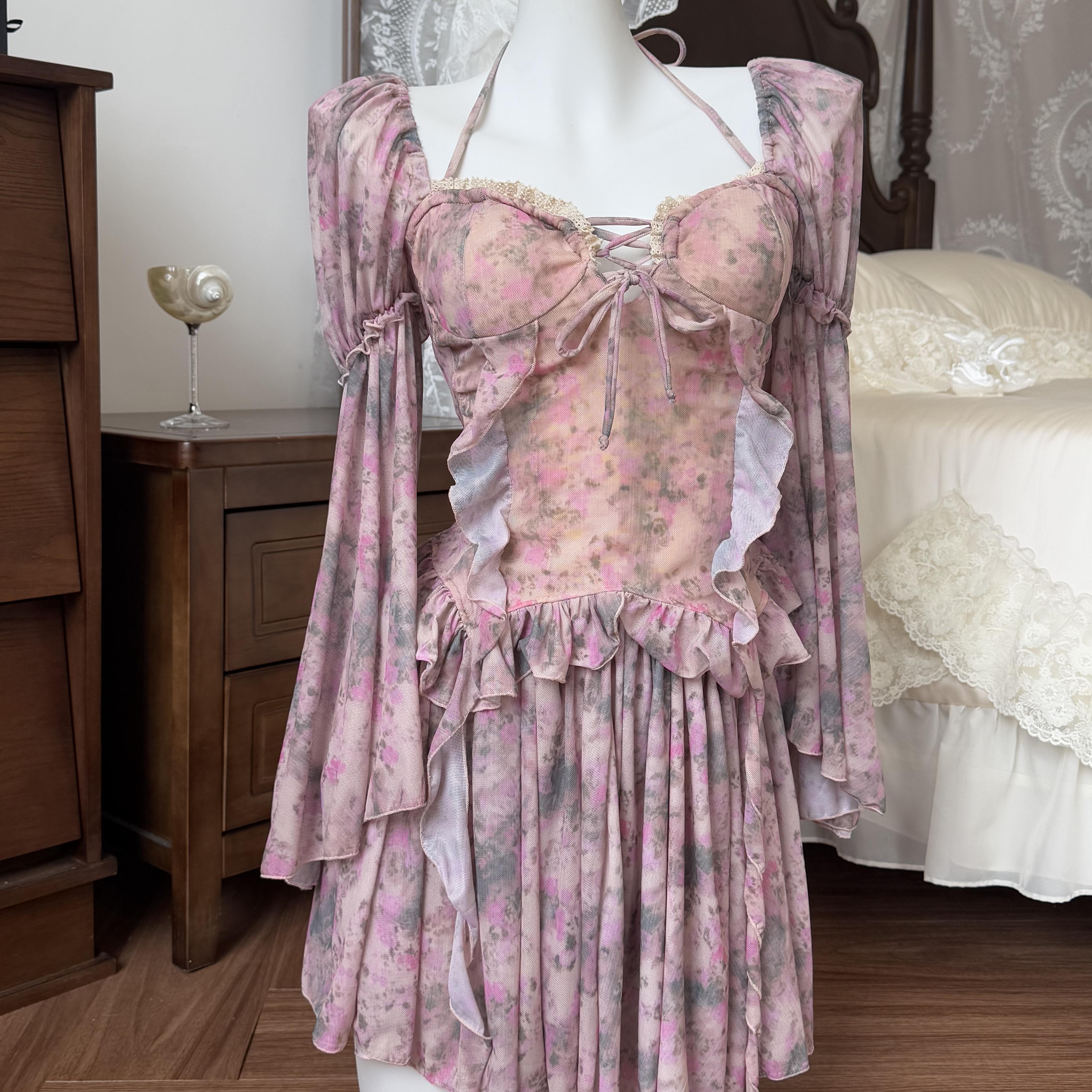 法式复古碎花分体泳衣三件套显瘦遮肚泡温泉海边度假泳装5149 - 图1