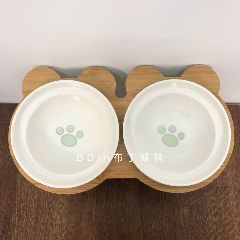 布丁妹妹宠物陶瓷狗碗斜口狗狗食盆护颈高脚防打翻小型犬猫咪双碗 - 图0