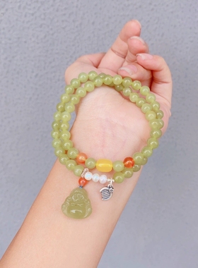 黄口和田玉佛公6mm圆珠手链项链毛衣链多用款玉质温润细糯