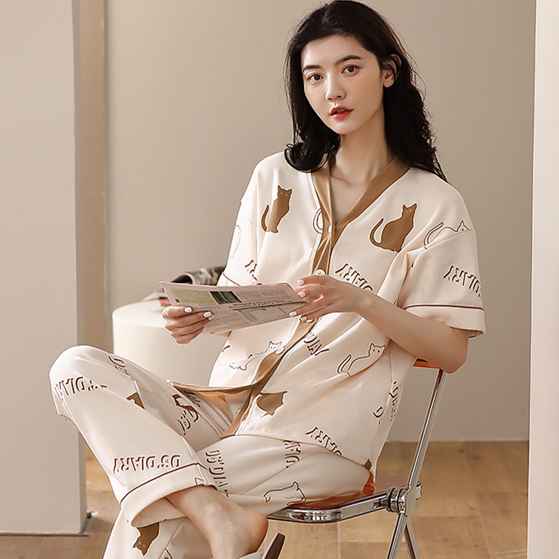 春秋款短袖家居服套装女款纯棉睡衣 北极绒杭州睡衣/家居服套装