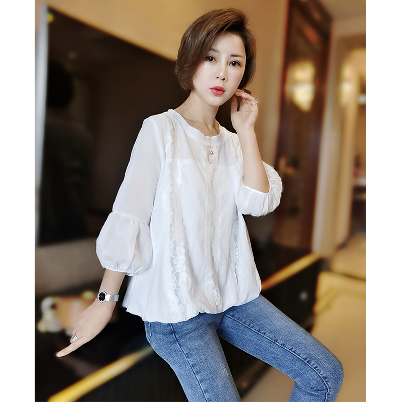 白色蕾丝女士2020新款七分小衫衬衫 qiubi服饰蕾丝衫/雪纺衫