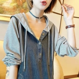 Лонгслив, осеннее платье, джинсовая длинная юбка с капюшоном, подходит для подростков, свободный крой, яркий броский стиль