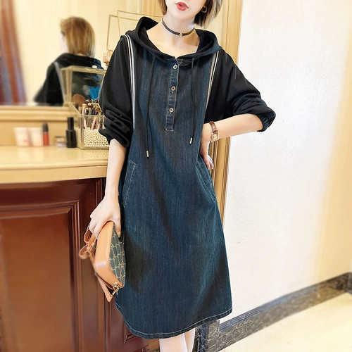 Лонгслив, осеннее платье, джинсовая длинная юбка с капюшоном, подходит для подростков, свободный крой, яркий броский стиль