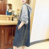 Лонгслив, осеннее платье, джинсовая длинная юбка с капюшоном, подходит для подростков, свободный крой, яркий броский стиль