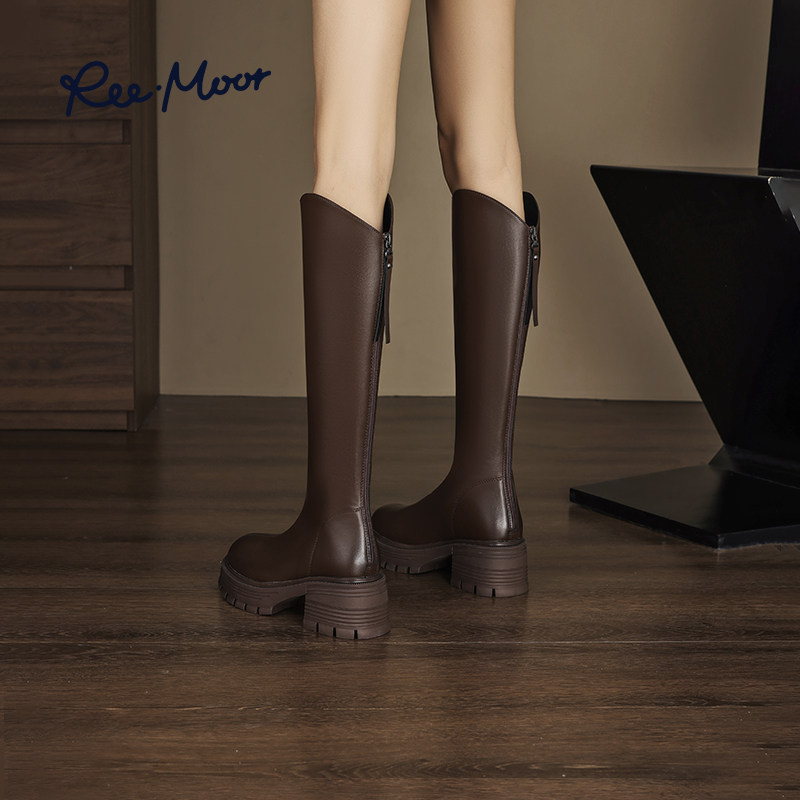 reemoor睿慕厚底不过膝长靴2025年秋冬新款复古v口显瘦弹力骑士靴,淘宝优惠券,粉丝福利购,淘宝优惠卷