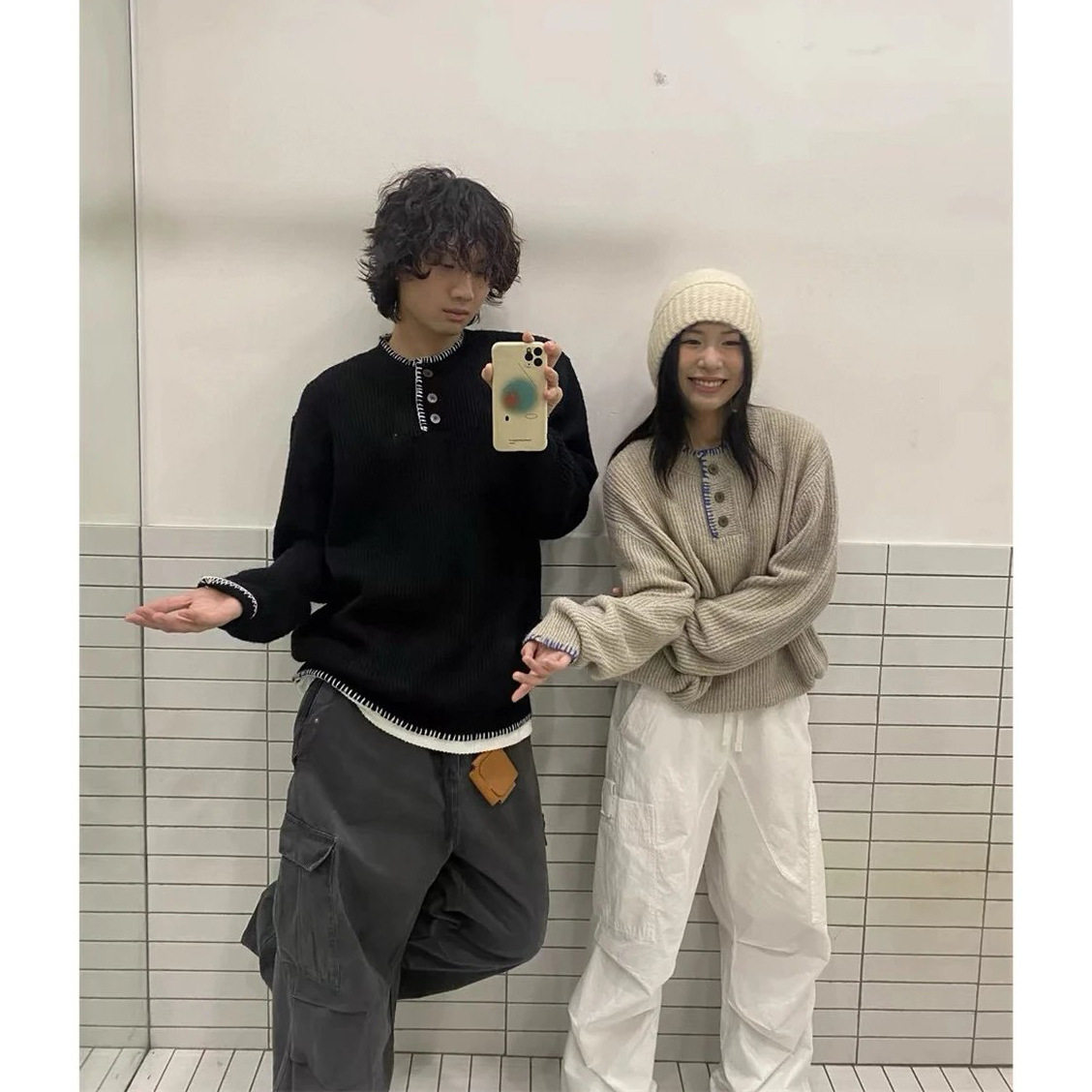 【Humans Mades】慵懒氛围感马海毛彩边勾线亨利领大码针织衫毛衣,淘宝优惠券,粉丝福利购,淘宝优惠卷