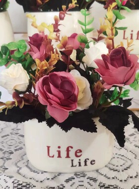 假花life花盆创意简约玫瑰花盆栽客厅家居装饰品摆件仿真花绿植