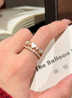 轻奢贝壳满钻爱心双层开口戒指