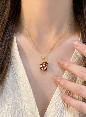新年印花红色小钱袋项链女锁骨链