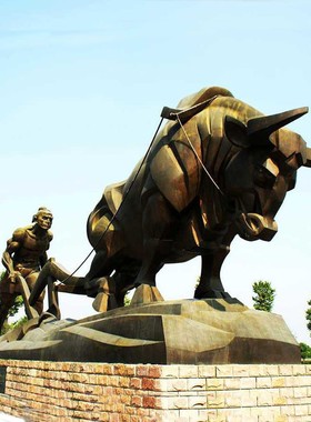 牛拉犁耕地牛雕塑农耕文化主题