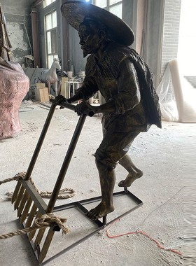 玻璃钢仿铜农耕雕塑牛拉犁摆件