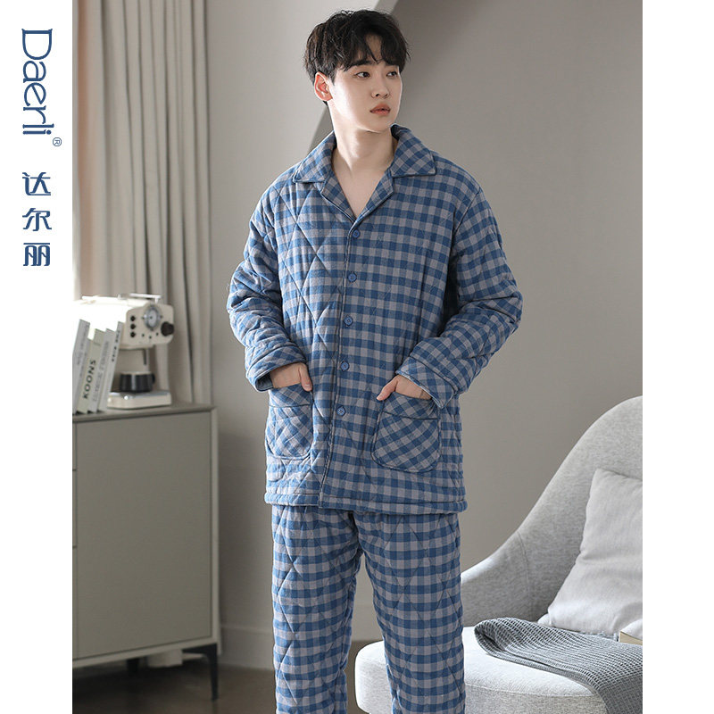 达尔丽加厚夹棉睡衣男冬季纯棉三层空气棉长袖格纹家居服秋冬套装,淘宝优惠券,粉丝福利购,淘宝优惠卷