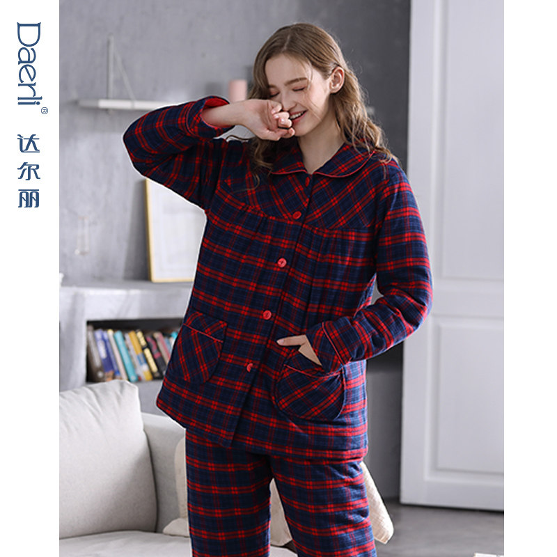 达尔丽睡衣女冬季纯棉长袖加厚保暖夹棉梭织毛布格子女家居服套装,淘宝优惠券,粉丝福利购,淘宝优惠卷