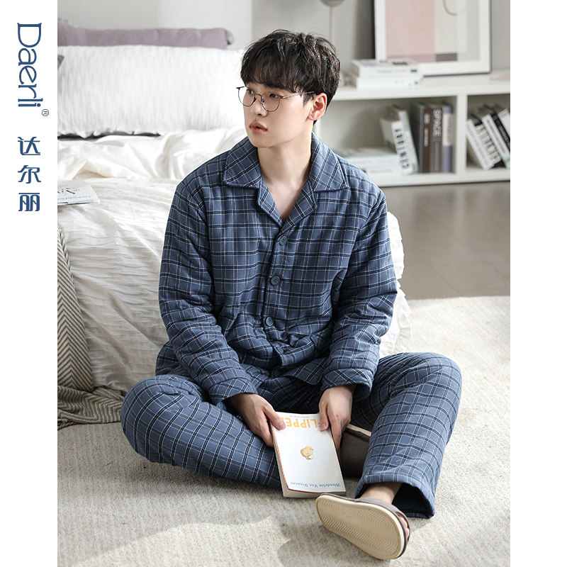 达尔丽加厚夹棉睡衣女冬三层空气棉保暖格子情侣纯棉男家居服超厚,淘宝优惠券,粉丝福利购,淘宝优惠卷