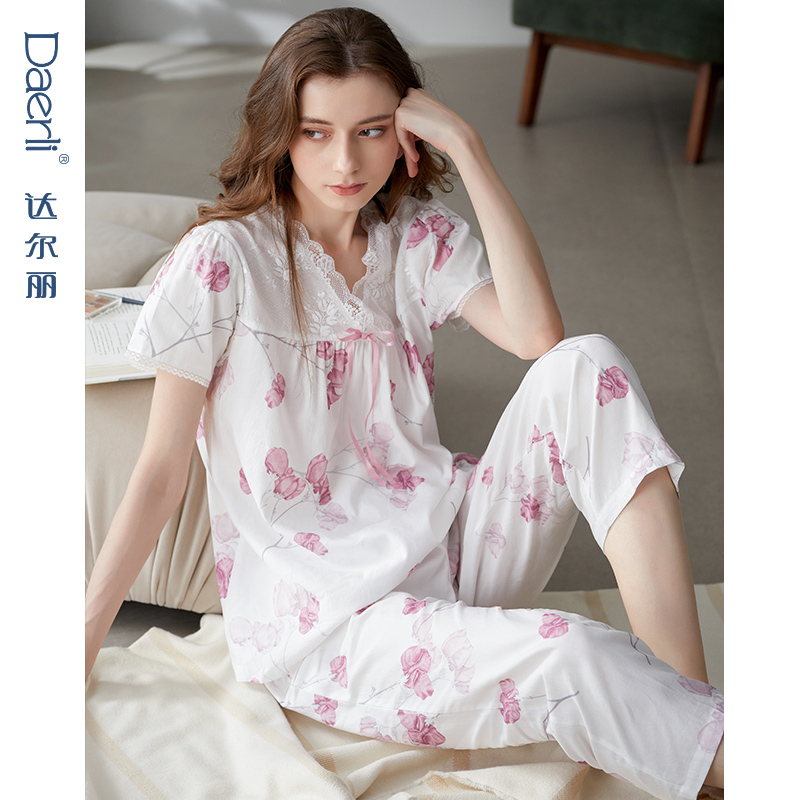 达尔丽睡衣女夏季纯棉短袖九分裤薄款蕾丝花卉高级感梭织棉家居服