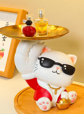 现代创意摆件猫收纳锣鼓入户玄关客厅收纳锣鼓钥匙卧室家居装饰品