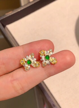 天然危料翡翠双色设计款花花耳钉 通体S925银镶嵌
