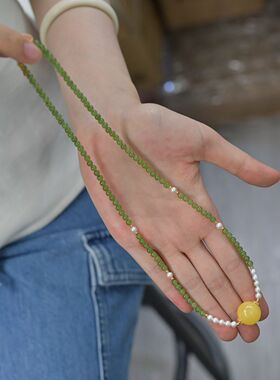 天然碧玉圆珠项链 搭配原矿蜜蜡圆珠15mm、淡水珍珠4mm、S925银,