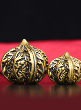 纯铜手盘核桃转运核桃手把件一对黄铜狮子头管帽核桃长辈送礼摆件