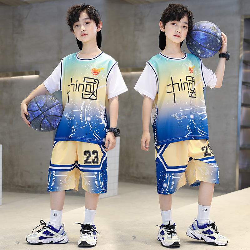 儿童篮球服23号詹姆斯球衣男童中大童速干假两件运动套装短袖队服-图2