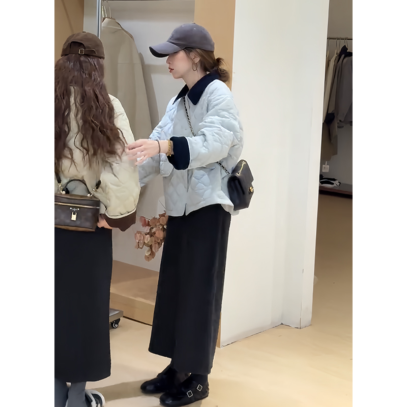 韩系高级感轻熟风气质菱格棉衣外套女秋冬显瘦百搭半身裙两件套装 - 图3