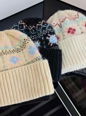 日系复古提花针织毛线帽女秋冬护耳氛围感保暖防寒加厚百搭套头帽