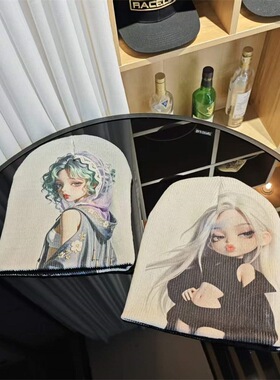 原创日系秋冬户外冷帽ins两面印花针织帽堆堆帽子套头毛线帽女
