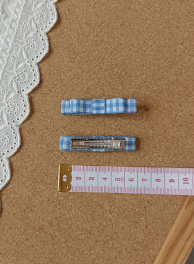 简约甜美儿童女孩发夹布艺蓝白色格子迷你蝴蝶结小对夹边夹刘海夹